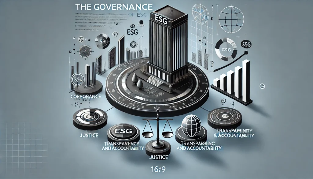 infographic focusing on the Governance aspect of ESG, featuring visuals such as a corporate building, a scale symbolizing justice, and a bar chart representing transparency and accountability.