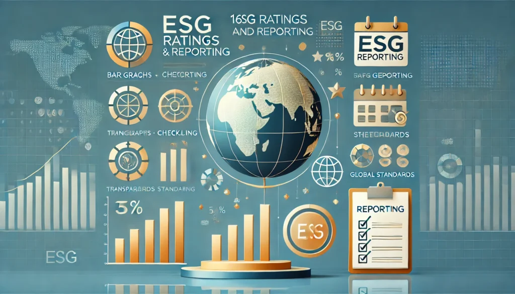  infographic showcasing ESG Ratings and Reporting, with elements like bar graphs, checklists, and a globe symbolizing global standards. 