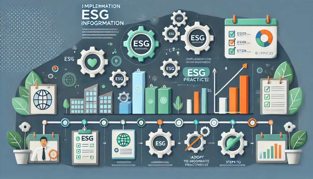  infographic illustrating the implementation of ESG in business, with visuals like progress bars, gears symbolizing operations, and a roadmap design showing steps to adopt ESG practices.