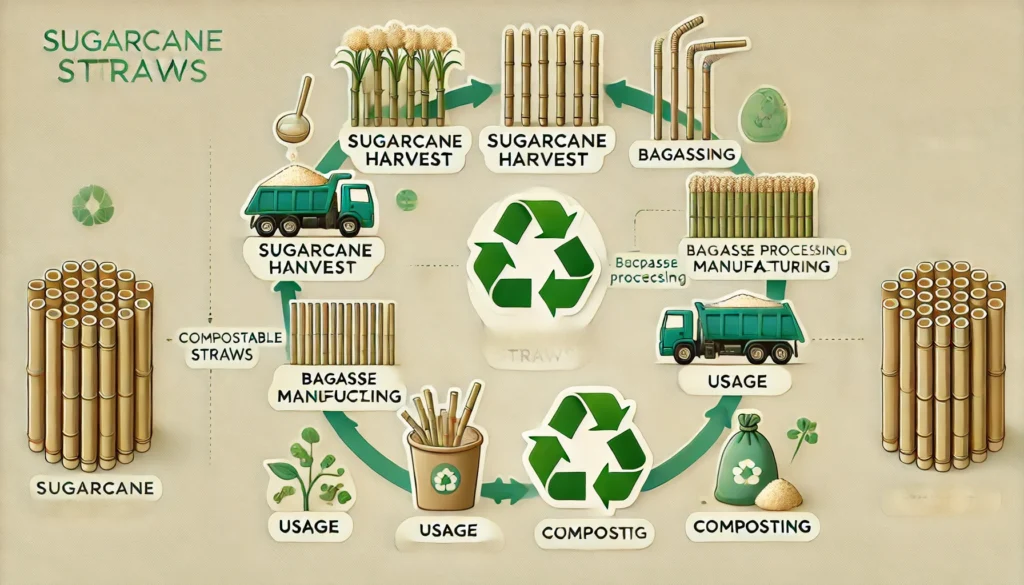 A detailed lifecycle diagram of sugarcane straws, illustrating the process from harvesting sugarcane to producing compostable straws and their eventual breakdown in compost