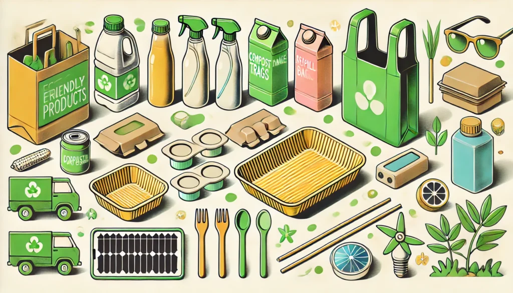 A vibrant illustration showing a collection of eco-friendly products, including sugarcane trays, compostable bags, refill packaging for cleaning products, and solar garden lights.