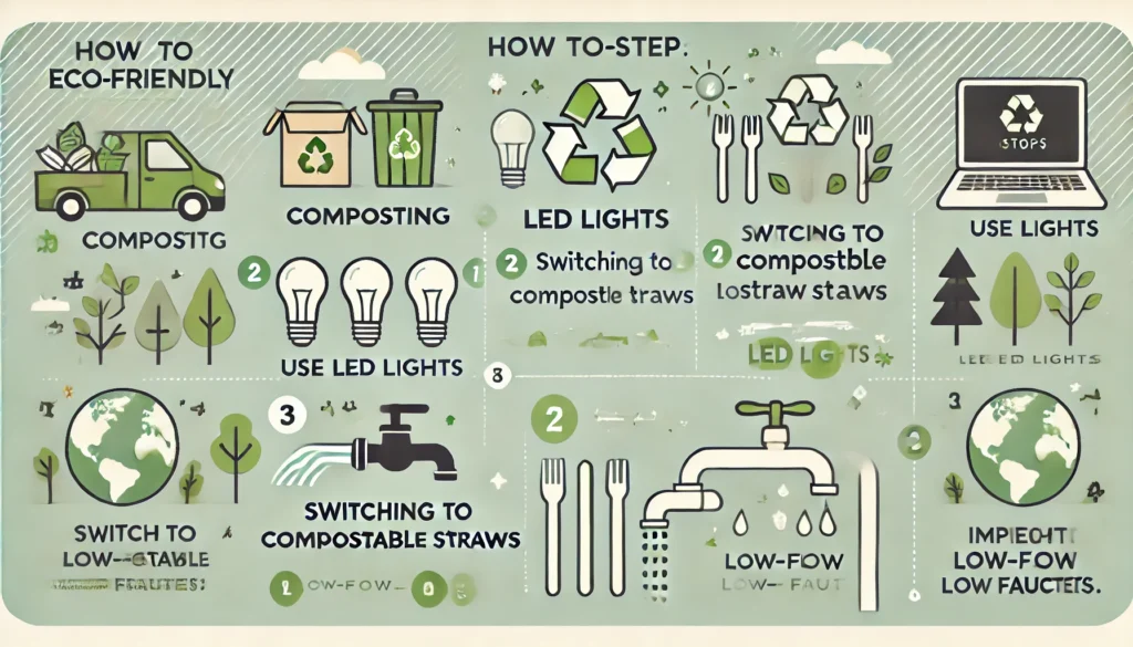 A step-by-step infographic in a clean and professional style showing how individuals and businesses can transition to eco-friendly practices.