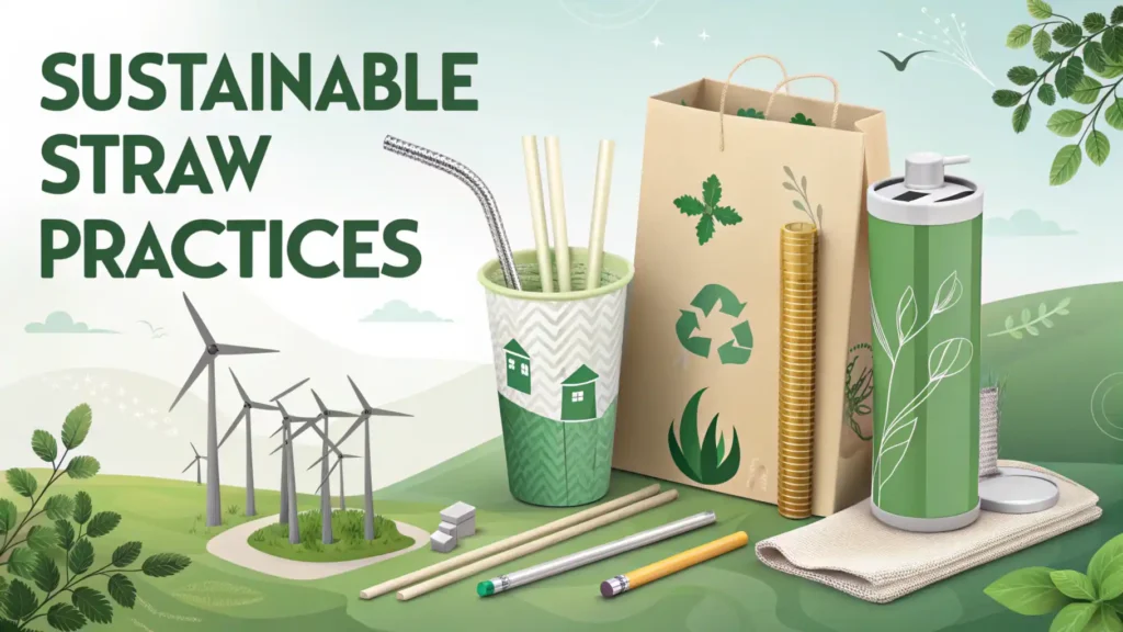 Feature image for the blog 'Beyond Plastic: A Comprehensive Guide to Sustainable Straws,' depicting various sustainable straws, eco-friendly packaging, and renewable energy symbols with a green and earth-toned palette and bold title overlay.