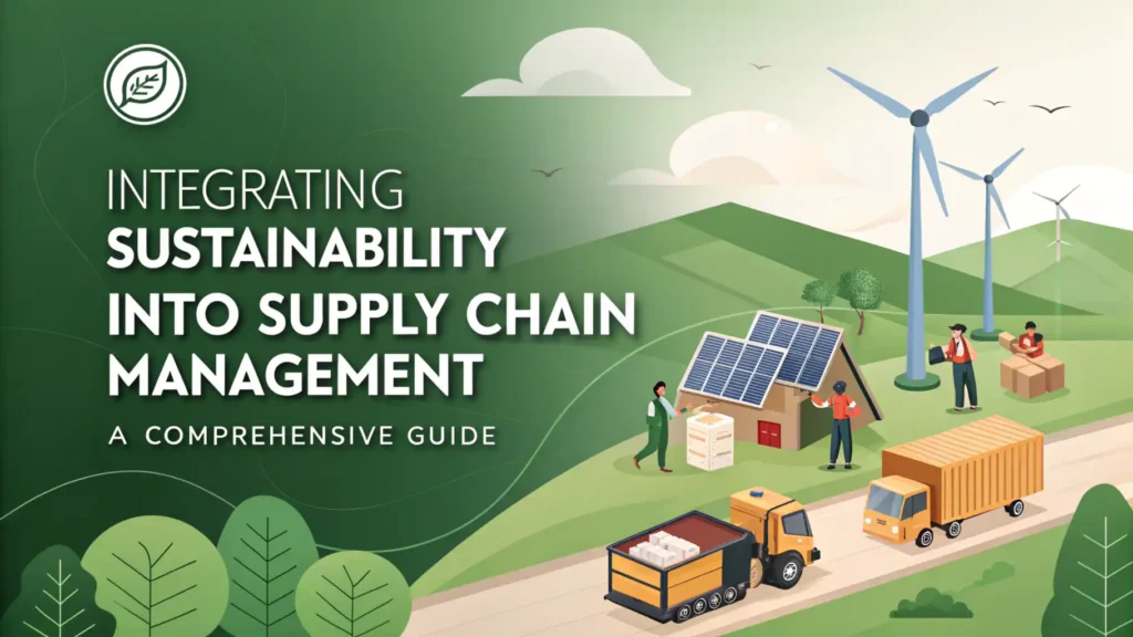 Feature image for the blog titled 'Integrating Sustainability into Supply Chain Management: A Comprehensive Guide,' depicting a modern supply chain with eco-friendly packaging, renewable energy sources, and sustainable transportation, using green and earth-toned colors with the blog title in bold text overlay.