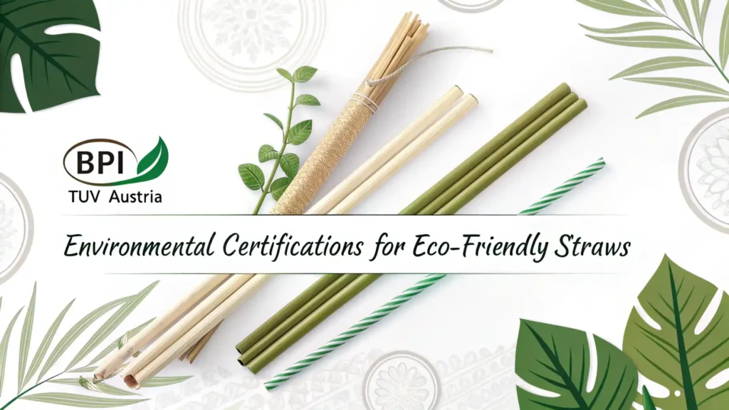 Feature image showcasing various eco-friendly straws such as bamboo, sugarcane, and plant-based straws arranged aesthetically with visible environmental certification logos like BPI and TÜV AUSTRIA, set against a clean green background."