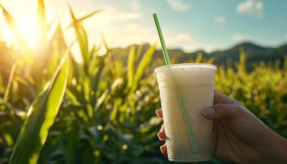 An eco-friendly scene at a sunny outdoor cafe, where a person is holding a beverage with a sugarcane straw.