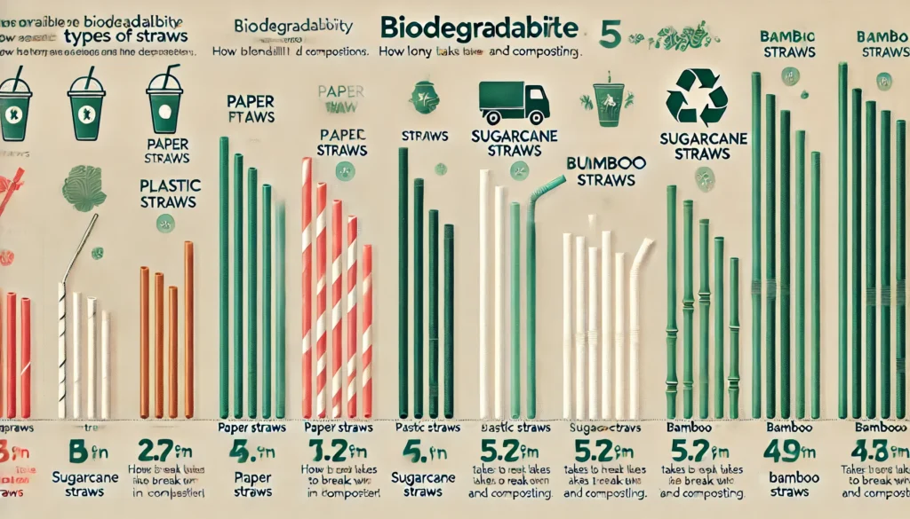 A comparison infographic showing the biodegradability of different types of straws: paper straws, plastic straws, sugarcane straws, and bamboo straws.