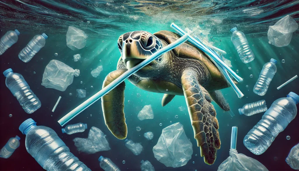 Sea turtle surrounded by ocean plastic pollution.