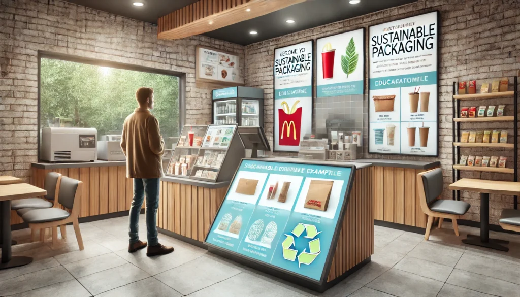 Person in store viewing sustainable packaging display.
