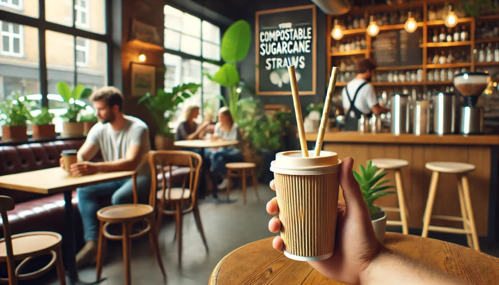 Cafe interior with coffee and sugarcane straws.