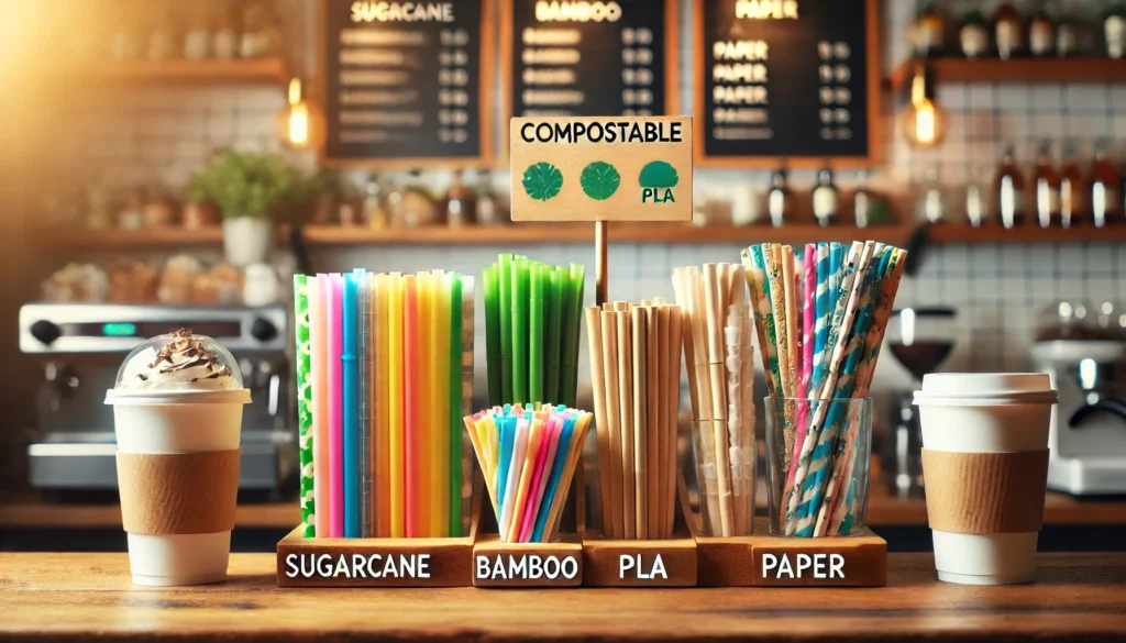 Compostable straws: sugarcane, bamboo, PLA, paper on display.