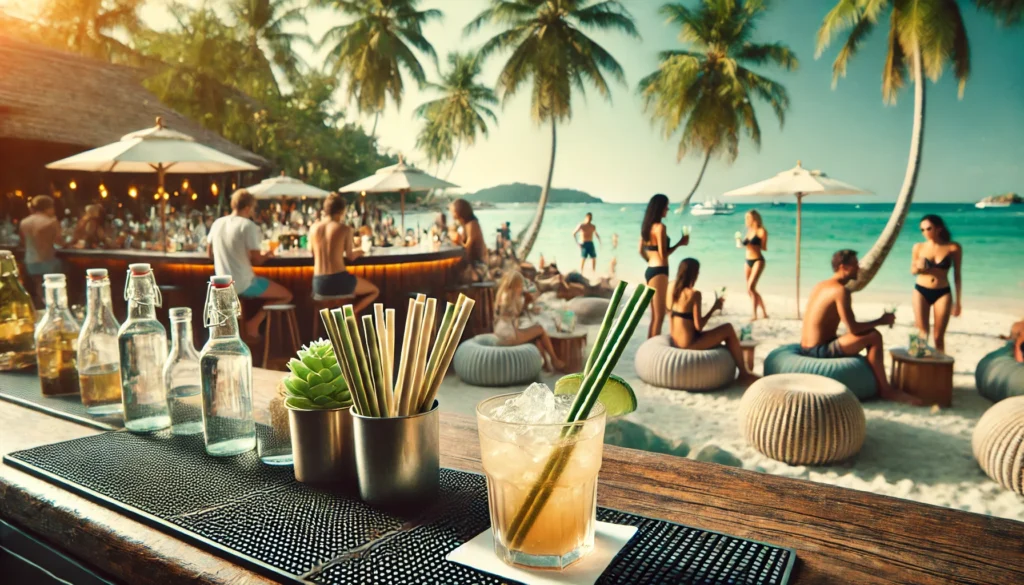 Beach bar with cocktails and people relaxing