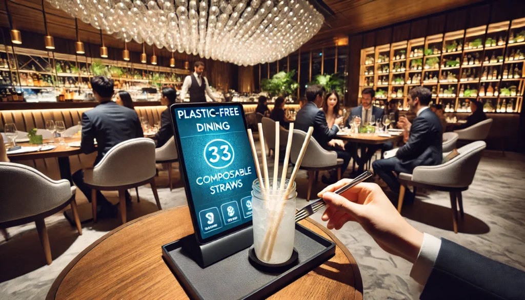 Restaurant promotes plastic-free dining with compostable straws.