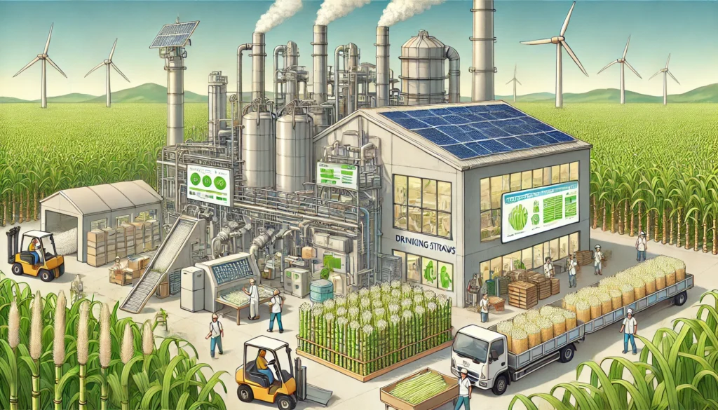 Eco-friendly straw factory with wind turbines and crops.