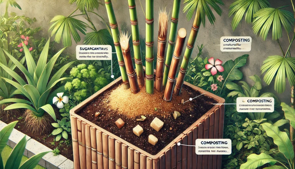 Sugarcane growing in a composting garden box.
