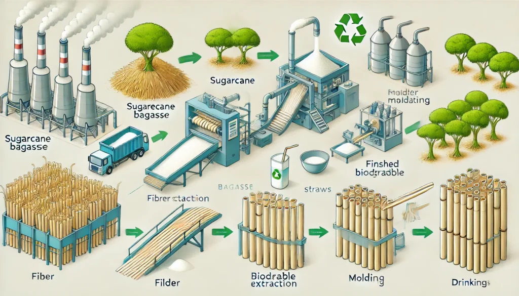 Sugarcane bagasse to biodegradable straw process diagram.