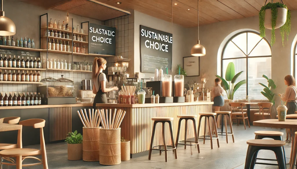 Cozy cafe interior with sustainable decor.
