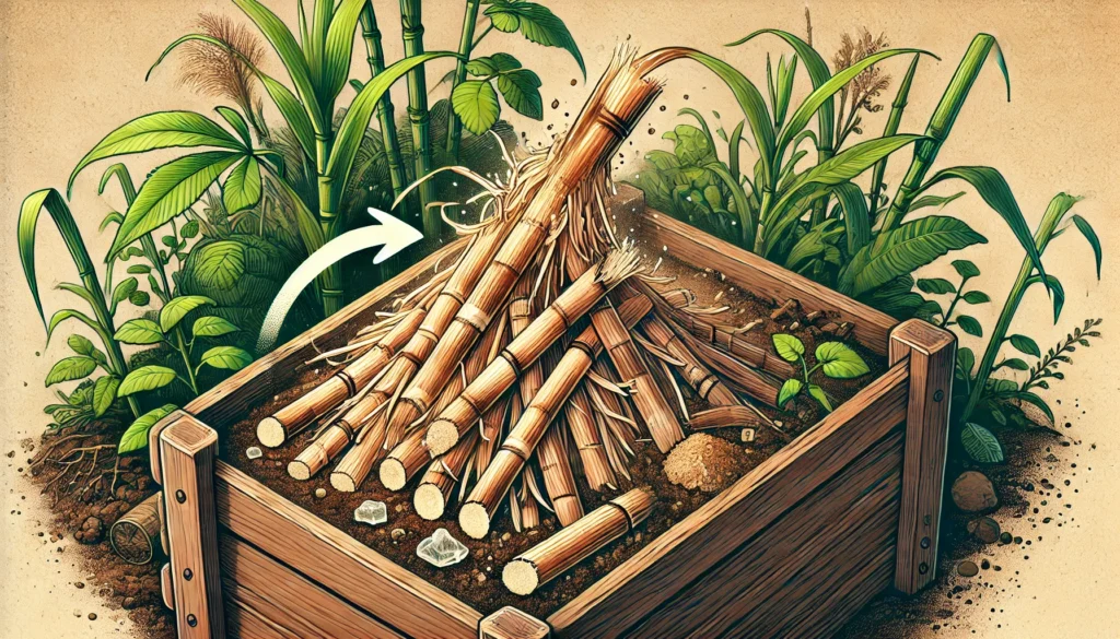 Sugarcane stems composting in a wooden box.