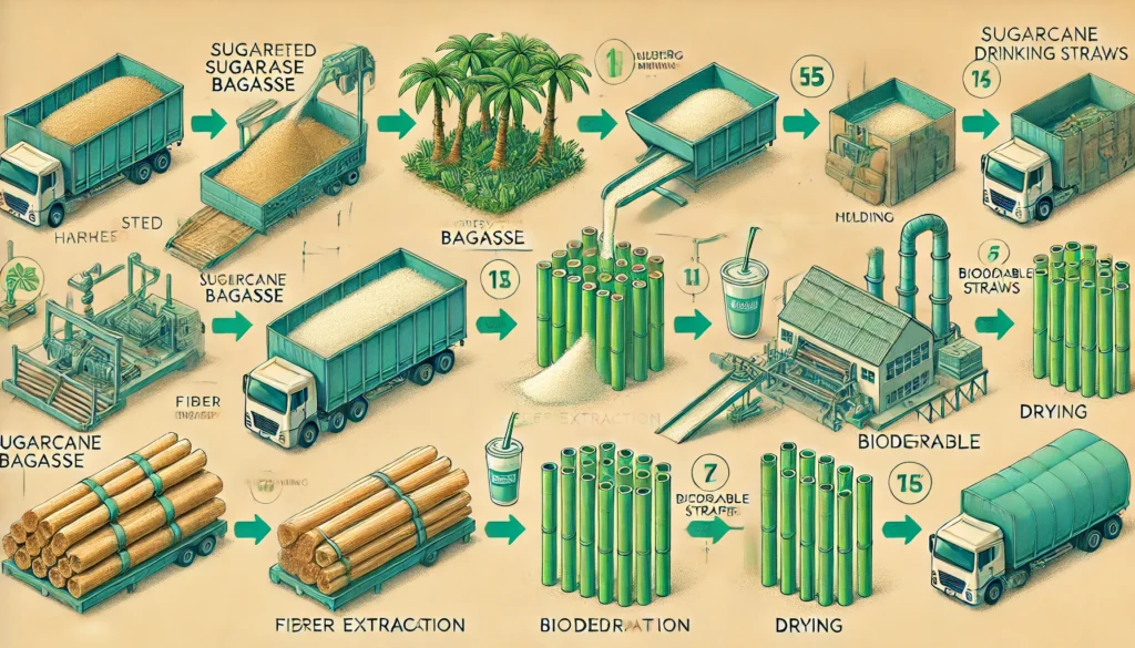 Sugarcane bagasse processing to biodegradable straws illustration.