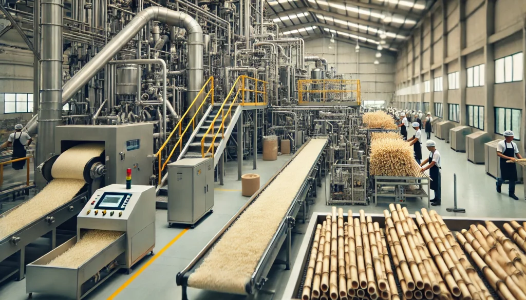Modern factory with workers and machinery.