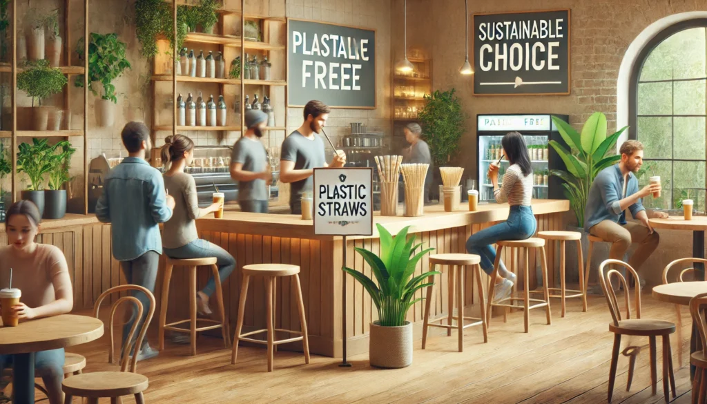 Cafe with sustainable, plastic-free options displayed.