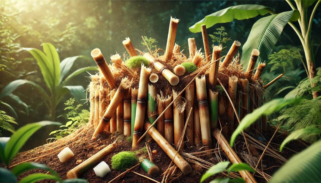 Bamboo forest structure surrounded by lush greenery.