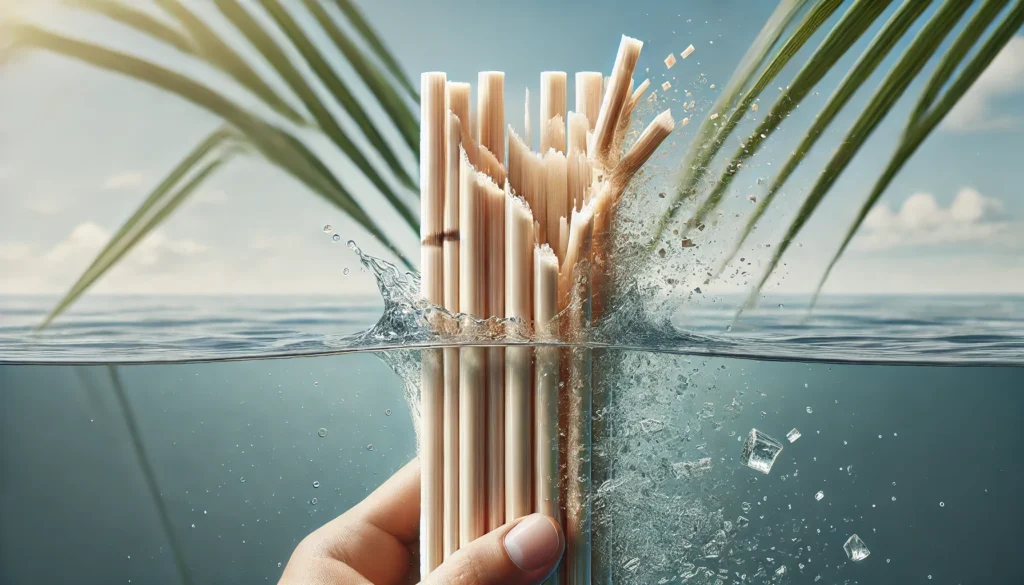 Biodegradable straws splashing in water, tropical background
