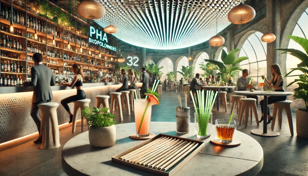 Eco-friendly bar with drinks and straws.
