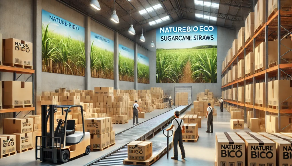 Warehouse with boxes and sugarcane poster.