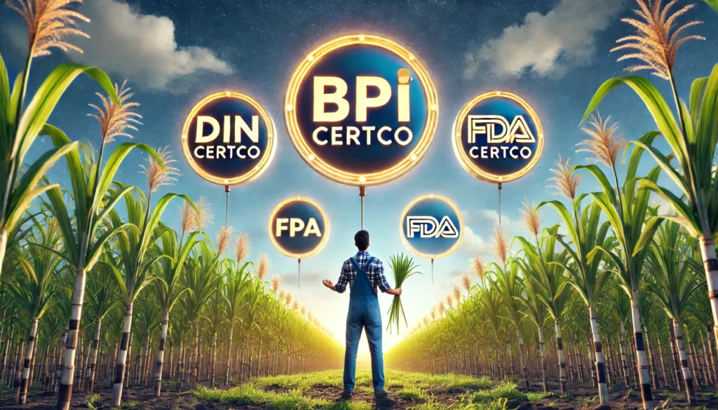 Farmer in cornfield with certification logos above.