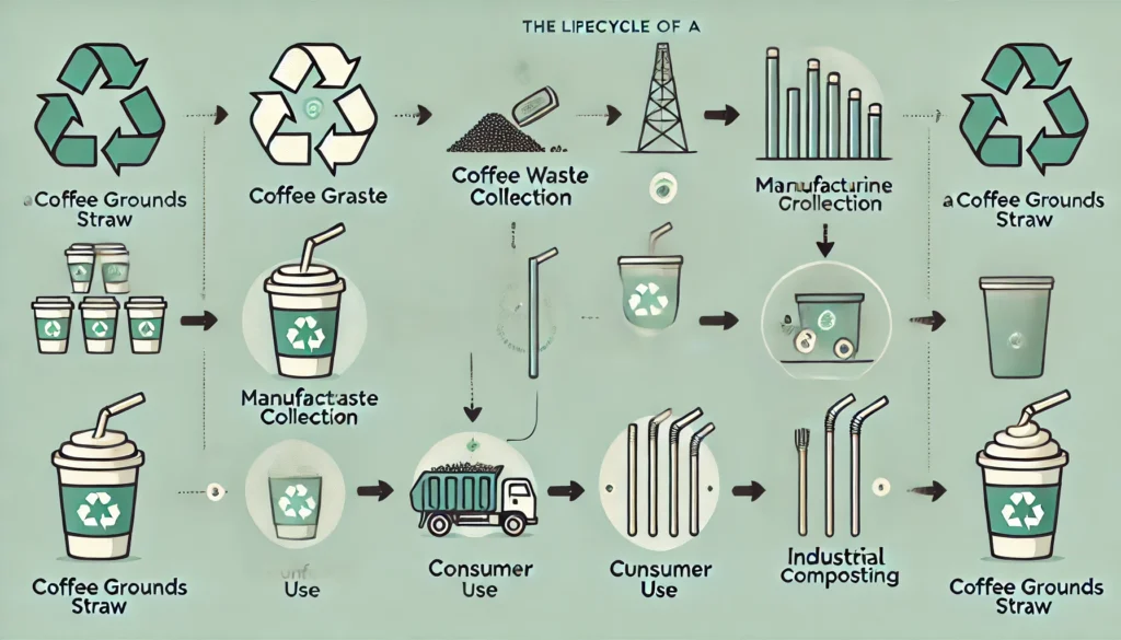 A clean and technical vector-style infographic showing the lifecycle of a coffee grounds straw.