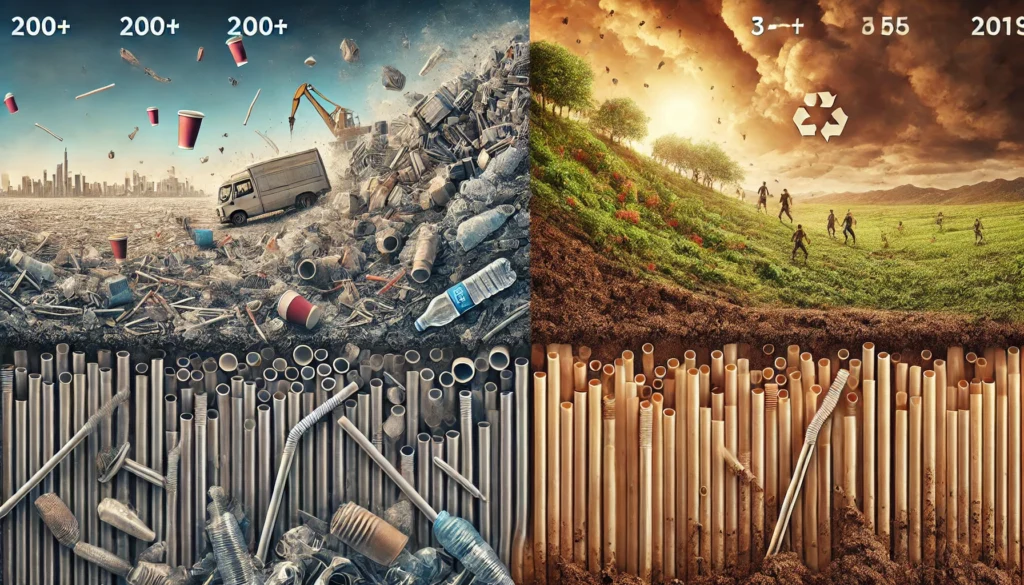 A split-screen timeline showing the difference in decomposition time between plastic straws and coffee grounds straws.