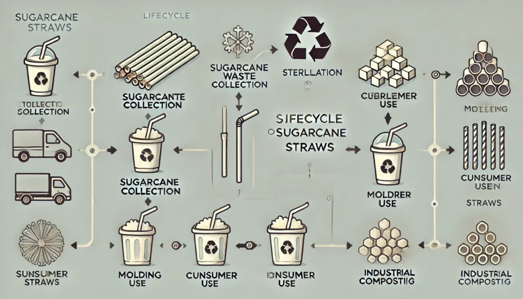 A clean and technical vector-style infographic illustrating the lifecycle of sugarcane straws. 