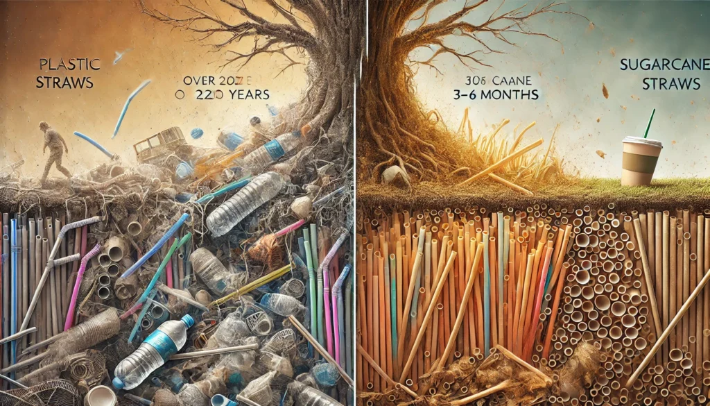 A split-screen illustration contrasting plastic straws in a landfill (lasting over 200 years) on the left, with sugarcane straws decomposing in compost (3–6 months) on the right.