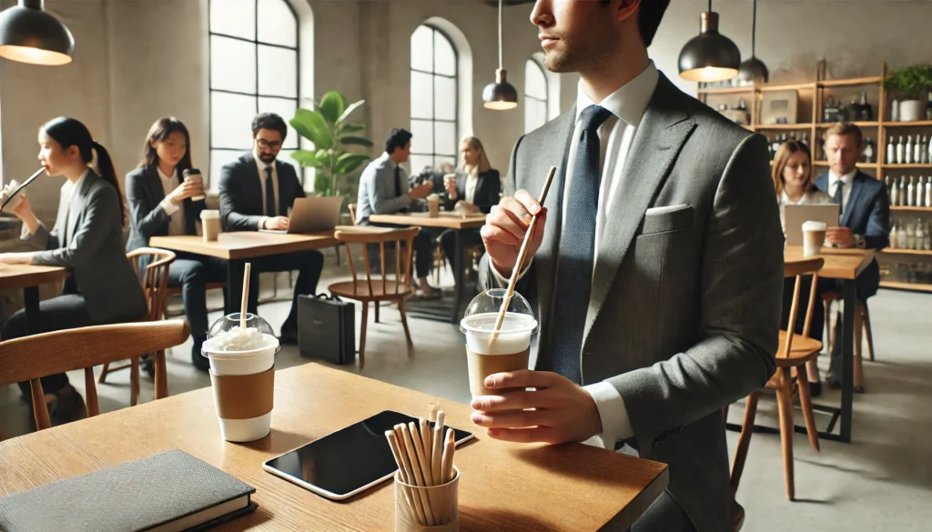 A modern and professional café setting where business professionals are drinking beverages using sugarcane straws.