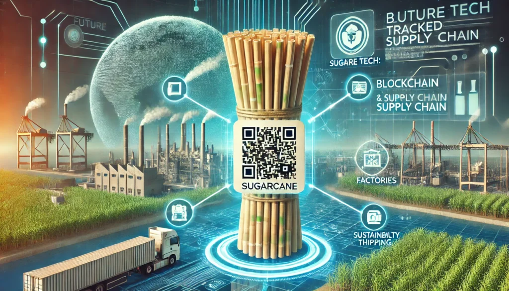 A conceptual image depicting sugarcane straw packaging with a QR code that links to blockchain data. 