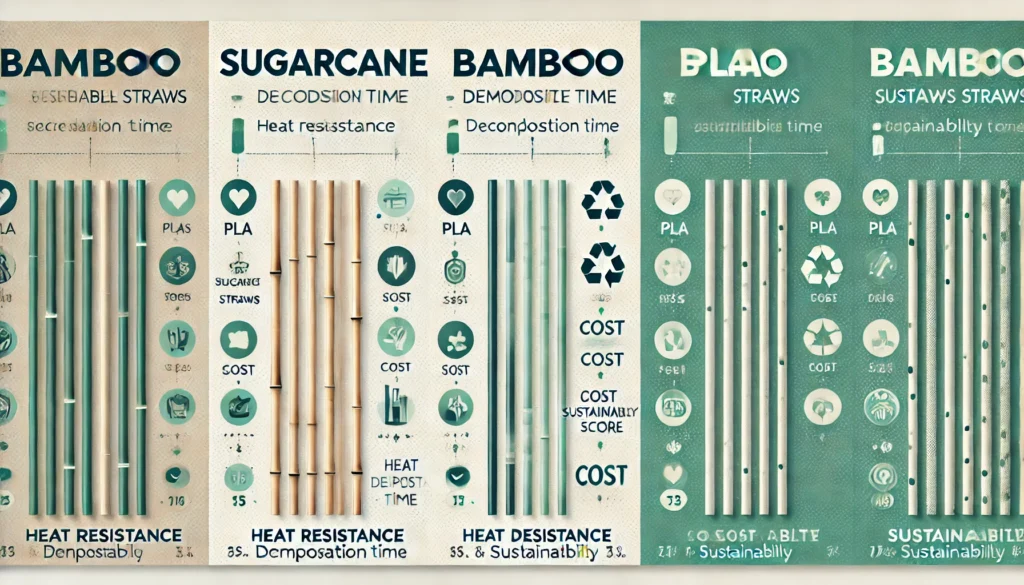 An infographic-style comparison of eco-friendly straws, including sugarcane, bamboo, and PLA straws.