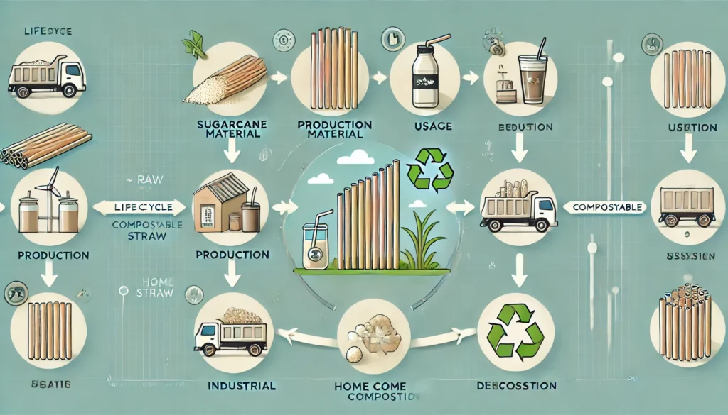 A step-by-step infographic depicting the lifecycle of a compostable straw.