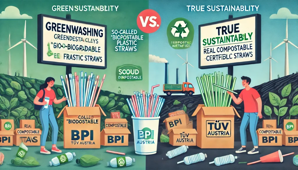 A split-screen illustration comparing greenwashing claims vs. true sustainability in eco-friendly straws. 