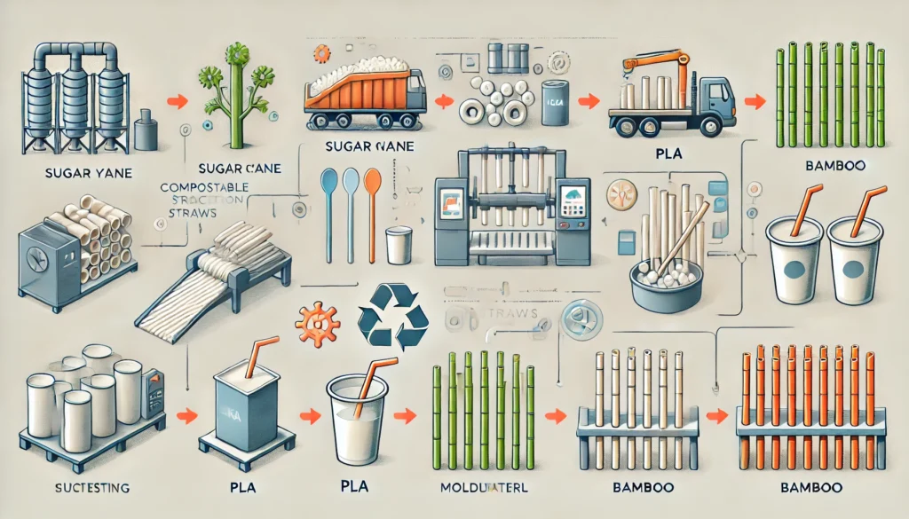 An infographic detailing how sugarcane, PLA, and bamboo straws are made.