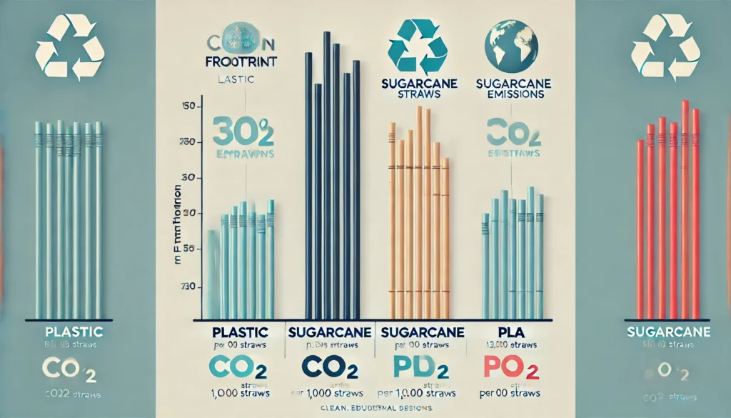 A bar chart comparing the carbon footprint of plastic, sugarcane, and PLA straws.
