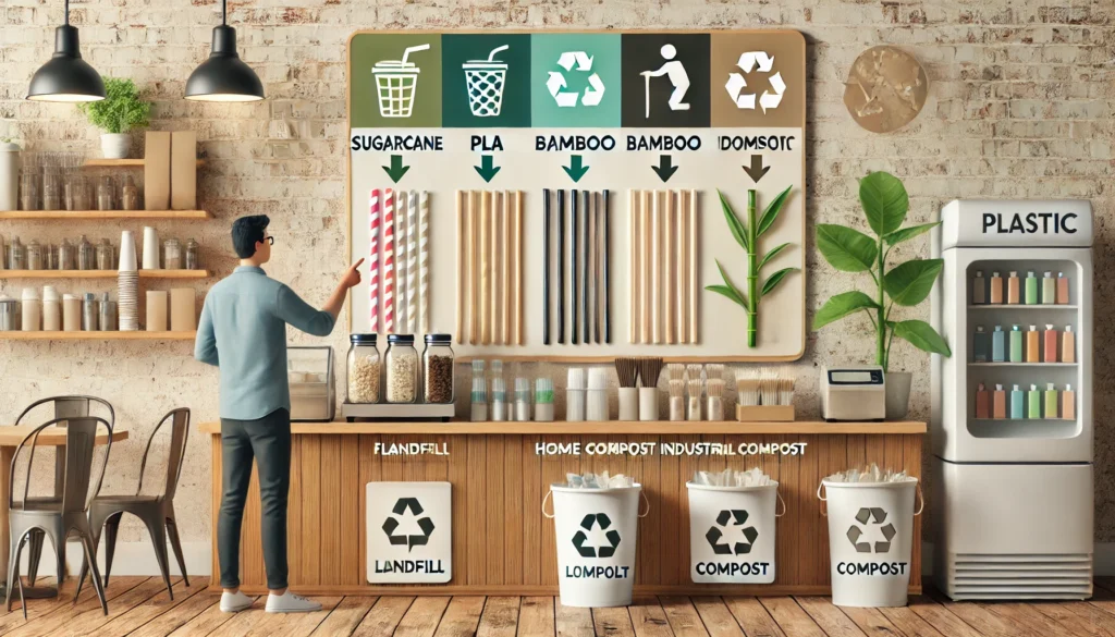 A scene of customers selecting eco-friendly straws with labeled disposal bins for landfill, home compost, and industrial compost.