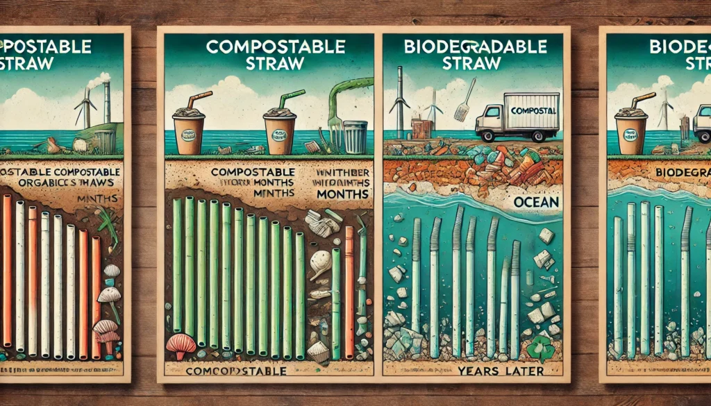 A breakdown showing compostable straws turning into organic matter while biodegradable straws persist in landfills and oceans.