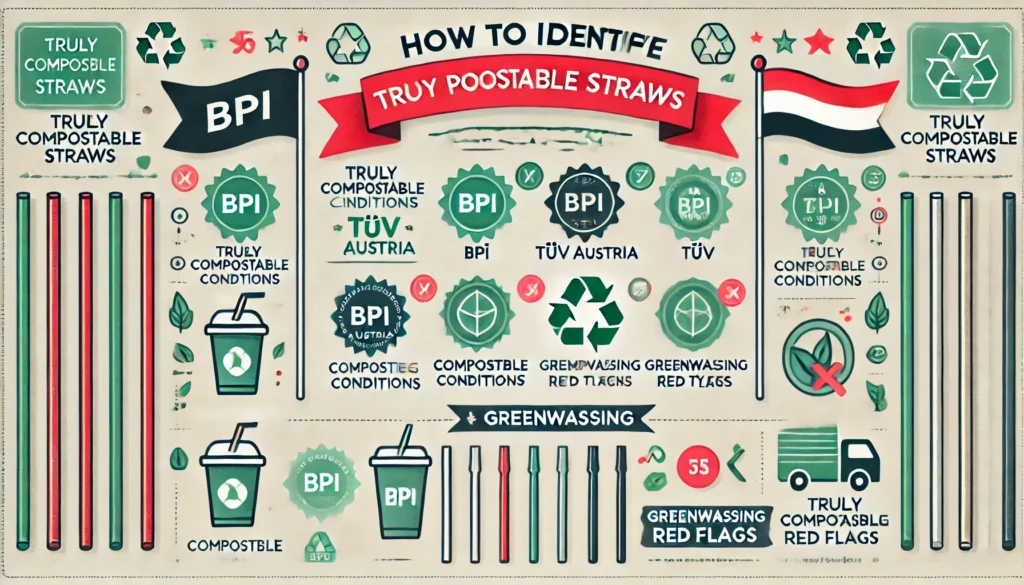 A certification guide featuring BPI and TÜV Austria logos, along with a checklist for avoiding greenwashing.