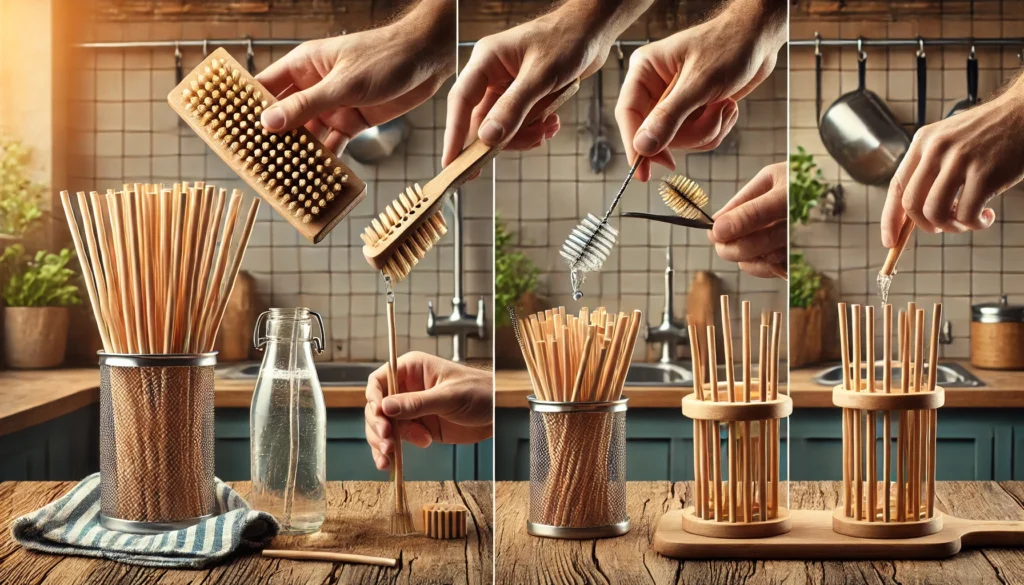 A well-organized kitchen countertop displaying bamboo, stainless steel, silicone, PLA, and glass straws stored in appropriate containers.