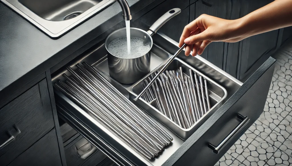 A step-by-step guide showing bamboo straws being rinsed, scrubbed with a straw brush, and air-dried vertically in a rustic kitchen setting.