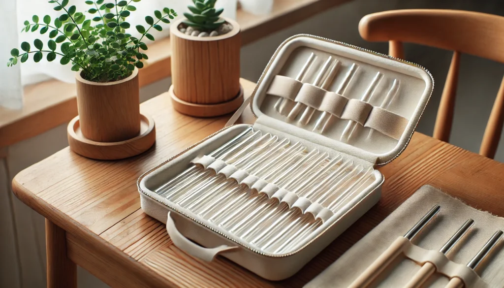 A close-up of glass straws stored carefully in a soft, padded case to prevent breakage, set against a minimalist eco-friendly background.