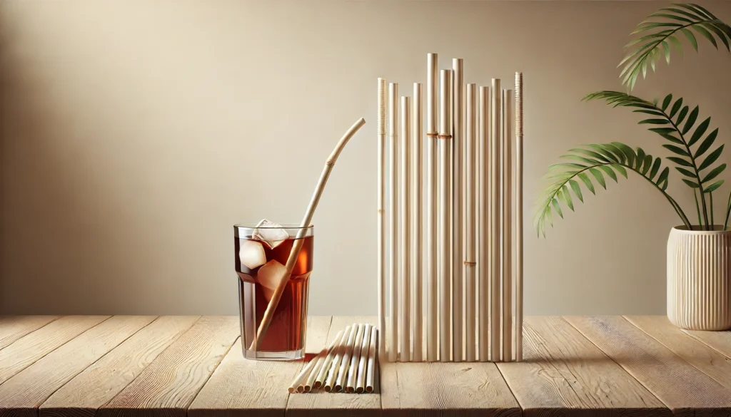 Glass of iced tea with tall bamboo straws.