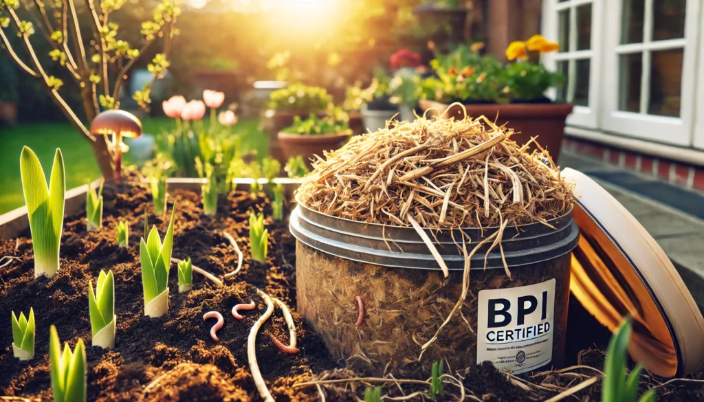 BPI Certified compost in garden with plants.