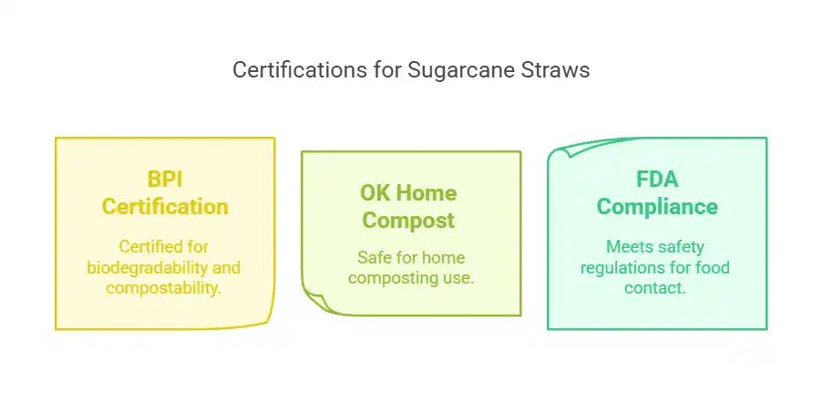 Sugarcane straws certifications for biodegradability and safety.